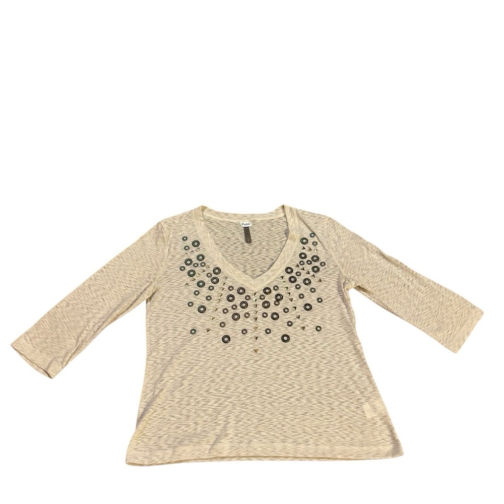 XCVI 3/4 Sleeve Top Ivory Women's Petite Small Casual Lightweight Semi Sheer